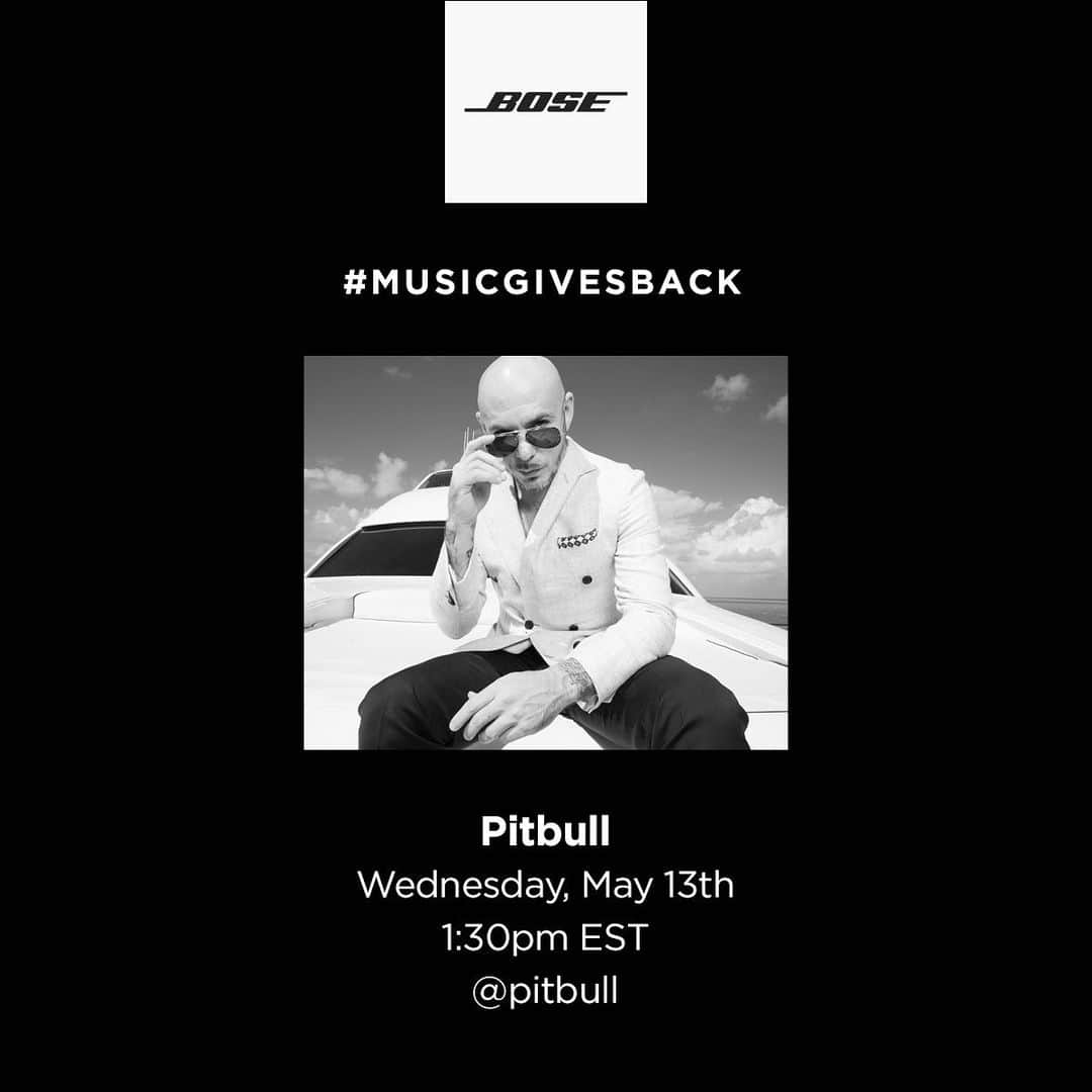 ピットブルのインスタグラム：「Catch yours truly on IG Live tomorrow at 1:30pm EST for @bose #MusicGivesBack at @slammiamiofficial Dale!」