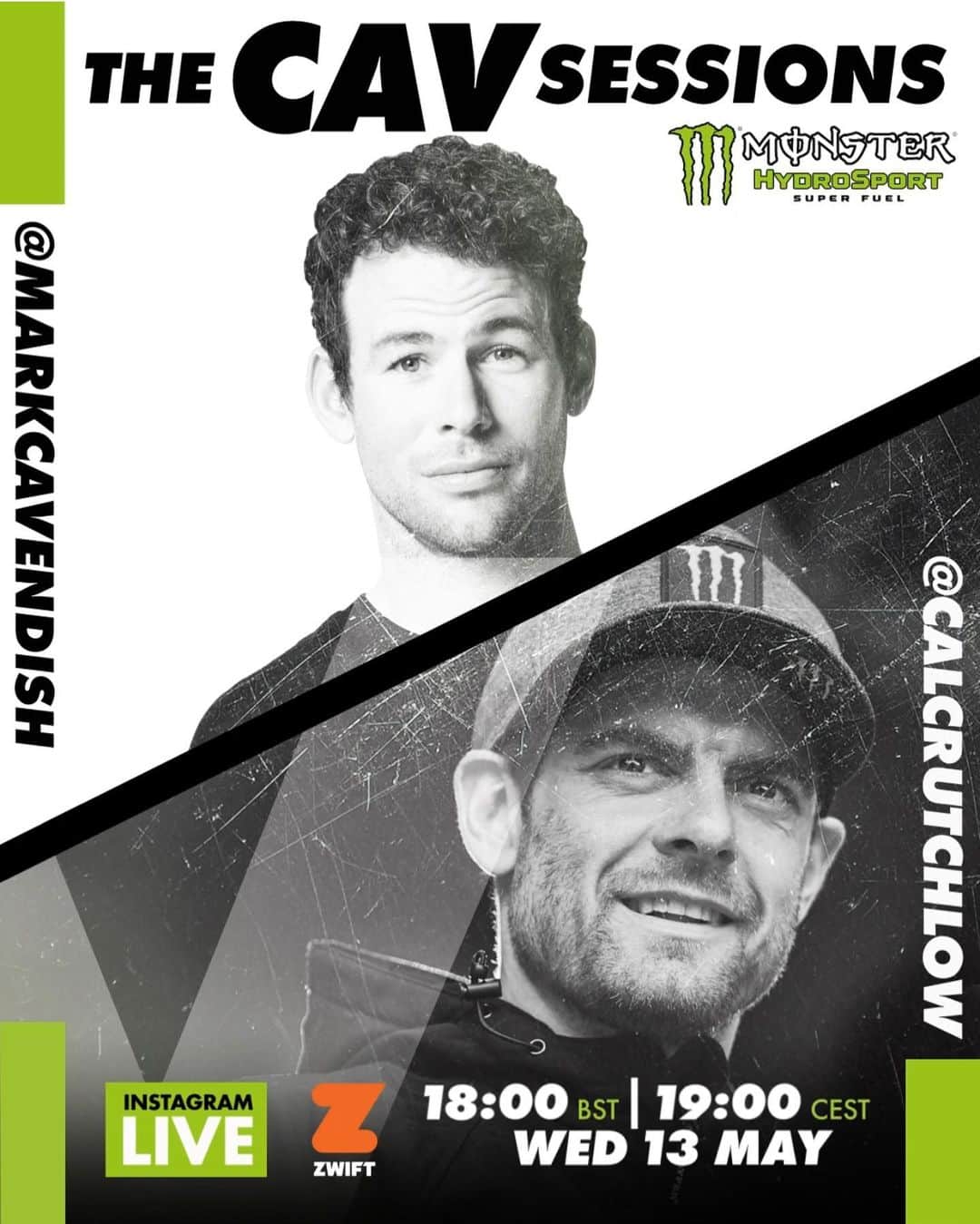 マーク・カヴェンディッシュのインスタグラム：「He’s my best mate, but the most frustrating person to train with if you just want to go steady. On the motorbike, bicycle or just life in general, I can say @calcrutchlow goes full-gas from start to finish. There’s not a ride goes by where we don’t talk about swapping jobs, so @monsterenergy has put together his initiation on @gozwift tomorrow night and we’ll be streaming it all on Cals Instagram Live, in the first of 3 #TheCavSessions, presented by #HydroSport. Come join us. Wednesday 13th May, 6pm BST /7pm CEST . #CrushQuarantine」
