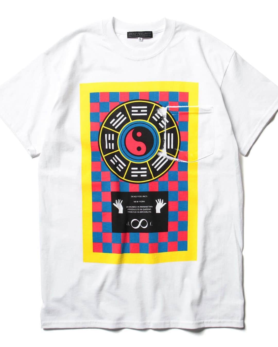ケンゾーミナミのインスタグラム：「From 09/06/2019, images from the presentation for DEAD FEELINGS SS20 in Tokyo + Repost from @store50910jp 『BAGUA / WHITE - BLACK 』have been available. (The black one is available online at places like @redtriangle_official.) . Image 1 & 2: Final produced version.  Image 3 & 4: Sample versions which ink were too thick that we adjusted for the production versions. (Though the colors were beautiful, the print was a bit heavy for the spring and summer T-shirt.) Image 5 & 6: Sample version in Black. .  2019年9月6日、DEAD FEELINGS 春夏20のプレゼンテーション用のサンプルからの画像+ @store50910jp より。『BAGUA (八卦) / ホワイト - ブラック』発売中。 . @nepenthes_newyork @nepenthes.official #kenzominami」