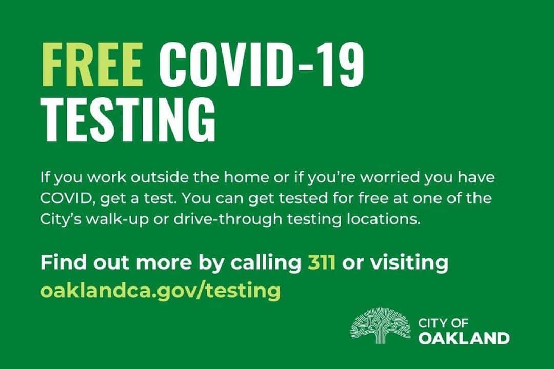のインスタグラム：「Oaktown !!! 👊🏾💯 #Oakland, if you work outside the home or if you’re worried you have COVID, get a test. You can get tested for free at one of the City’s walk-up or drive-through testing locations. Call 311 or go to buff.ly/2KfUTtb for more information.」