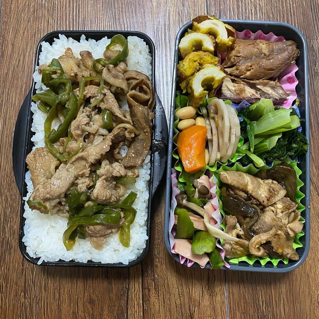 小田幸平のインスタグラム：「今日は紅白戦⚾️弁当🍱ガッツリで行ってきます。#愛媛マンダリンパイレーツ#紅白戦#しおさい球場#弁当#豚ピーマン炒め#なす料理#ほうれん草#れんこん#にんじん#アスパラ#ソーセージ#魚#ちくわの天ぷら」