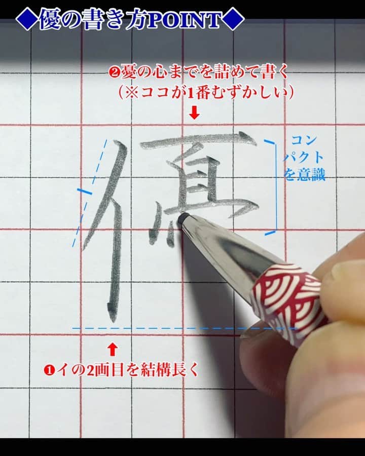 鈴木暁昇のインスタグラム：「* ◆難易度の高い【優】 * 前回の【夏】のステップアップとして、今回は難易度の高い【優】の書き方です。夏とともに練習してみましょう。 * * ペンの持ち方、使っているペンの紹介（シリーズ1 道具の紹介）、音声解説付の動画をYouTubeでシリーズで掲載してますのでご参考くだされば幸いです。プロフィールリンクよりYouTubeへ飛べます。 * 外出自粛が続く中、私が今出来ることは何かを考え、お家時間で気軽に練習できるペン字講座をYouTubeで配信しております。 * ◆Practice kanji 優 Kindness * Due to an unprecedented infectious disease, people all over the world are refraining from going out.  After thinking about what I can do now, I decided to post a pen writing course on YouTube.  Please refresh yourself with a little video.  You may not understand Japanese or kanji, but I am happy if you practice and change your mind.  I pray for a quick and peaceful day back. * I'm sorry for my poor English. * #書道 #鈴木曉昇 #和 #wabisabi #calligraphy #筆文字 #artistic #硬筆 #ペン字 #beautiful #chinesecalligraphy #japanesecalligraphy #墨 #sumi #書法 #japan #手書き #美文字 #手書きツイート #オリンピック #Olympic #japaneseculture #日本 #chineseculture #書道パフォーマンス」
