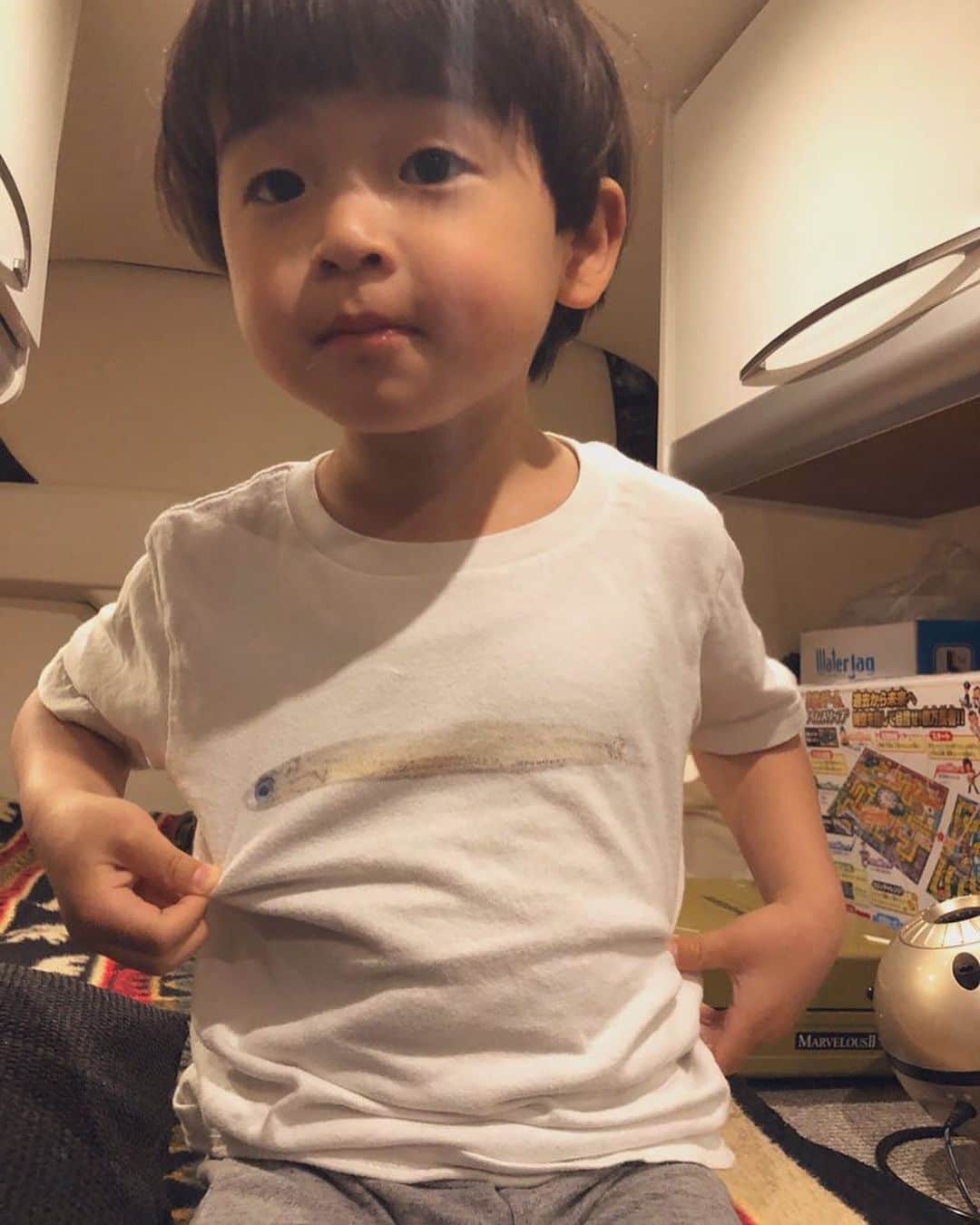 つるの剛士さんのインスタグラム写真 - (つるの剛士Instagram)「ちょっと前までぶかぶかだった  しらすTシャツ。 いつのまにやらジャストサイズに。  そろそろイワシTシャツかなあ。  #しゃっちょ  #浜野水産　しらす直売店 #藤沢  #つるぶ藤沢  #またパパの秘密基地にきた  #はよねろ」5月13日 22時46分 - takeshi__tsuruno