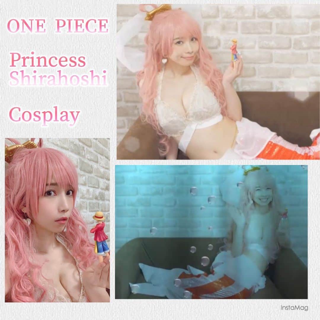 さくまみおのインスタグラム：「そういえばビビ以来インスタにコス画像あげてなかったなぁと思って、昨日しらほしの画像を探したら全然なかった…なぜか思い出した。 このコスプレ見た目以上に苦労しまして(特に髪の毛)録り終わった瞬間この世の終わりのような疲れ顔になったから2〜3枚だけアプリに頼って自撮り撮ってみたら小顔効果で誰かわからないような写真が出来上がりましたとさ。(1枚目左下)  あと録り終わったら映画観に行く約束してたから終わって即行着替えたんでした(3枚目)  #コスプレ#ワンピース#しらほし姫#さくまみお#YouTube#cosplay#onepiece#princessshirahoshi」