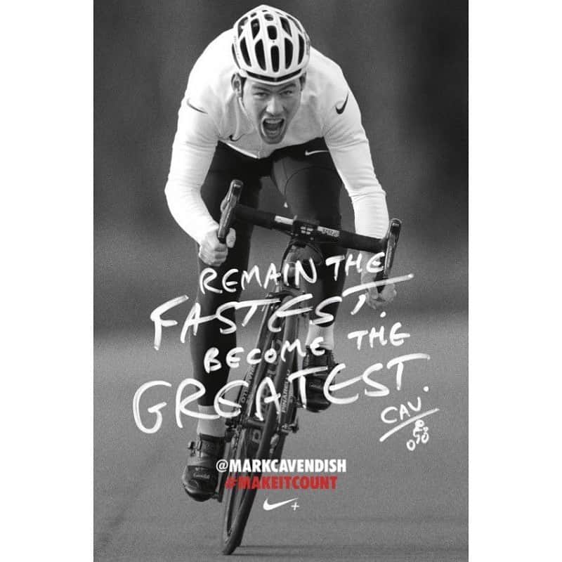 マーク・カヴェンディッシュのインスタグラム：「Got this print up in my gym. Loved this campaign from @nike in 2012. REMAIN THE FASTEST. BECOME THE GREATEST.」