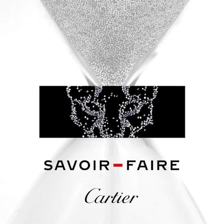 のインスタグラム：「According to a technique inspired by the hourglass, the dial of the Révélation watch showcases a fleeting spectacle: depending on the movements of the wrist, 650 diamonds appear and reveal the jaw of a panther, before disappearing again. #PantheredeCartier #CartierSavoirFaire」