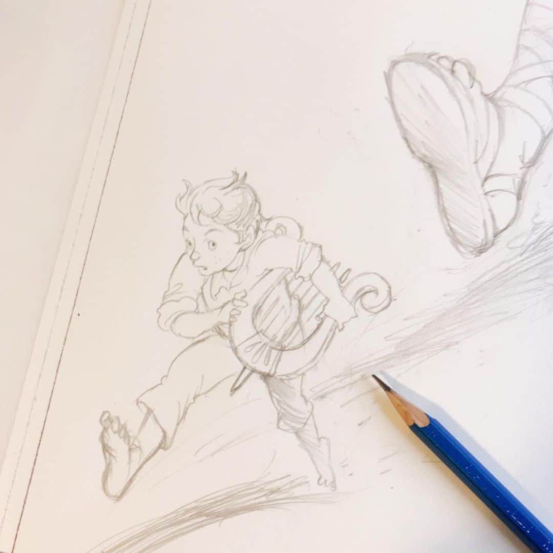 イラストレーター山崎牧子のインスタグラム：「sketch Jack and the Beanstalk  仕事の再開少しずつ やっとクライマックスに… #sketch#pencil#fairytale#illustration#childrensbooksillustrator#スケッチ#イラストレーター#童話#絵本」