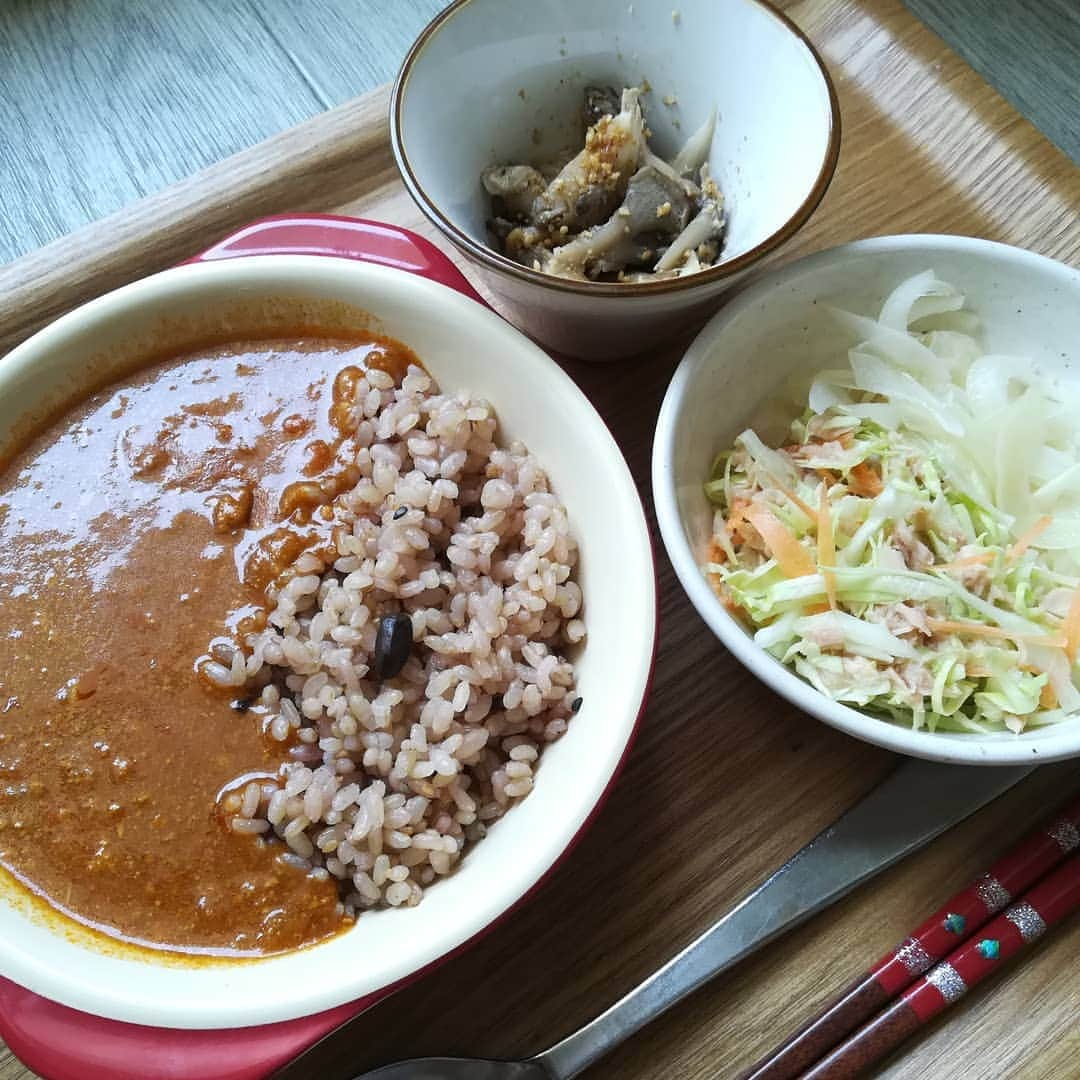 内田敦子のインスタグラム：「写真写りが良いときは窓側の床にご飯を置いている…  #おうちごはん  #ダイエット #健康オタク  #カレー  #ツナ」