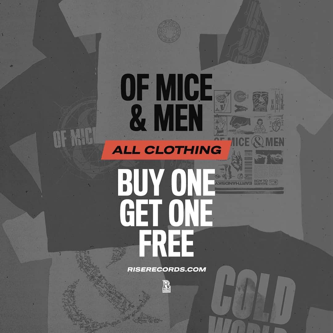 Of Mice & Menのインスタグラム：「Buy one get one free on all #OfMiceAndMen cloth items til Friday over at RiseRecords.com!🧶👕」