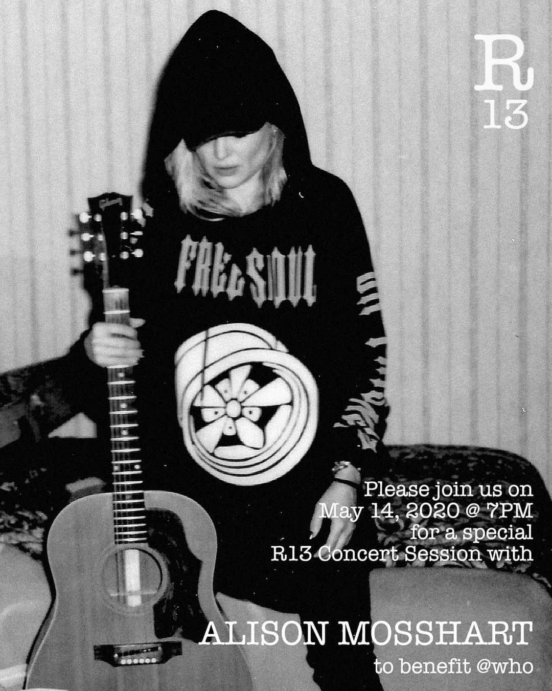 のインスタグラム：「Tune in tomorrow at 7pm EST on our feed and IGTV for an exclusive performance of “It Ain’t Water” by @amosshart 🤟🏼🔥❤️ This jam session is to benefit @who #donate #worldhealthorganization #r13 #r13denim #alisonmosshart #rockmusicvideo #r13lovesnyc」