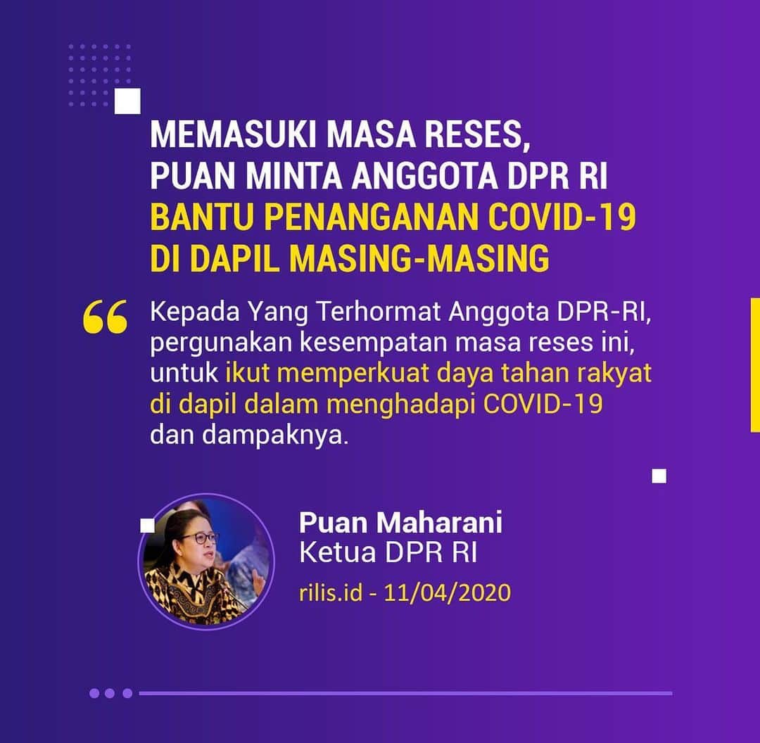 大槻ひびきのインスタグラム：「MEMASUKI MASA RESES, PUAN MINTA ANGGOTA DPR RI BANTU PENANGANAN COVID-19 DI DAPIL MASING-MASING  Kepada Yang Terhormat Anggota DPR-RI, pergunakan kesempatan masa reses ini, untuk ikut memperkuat daya tahan rakyat di dapil dalam menghadapi COVID-19 dan dampaknya.」