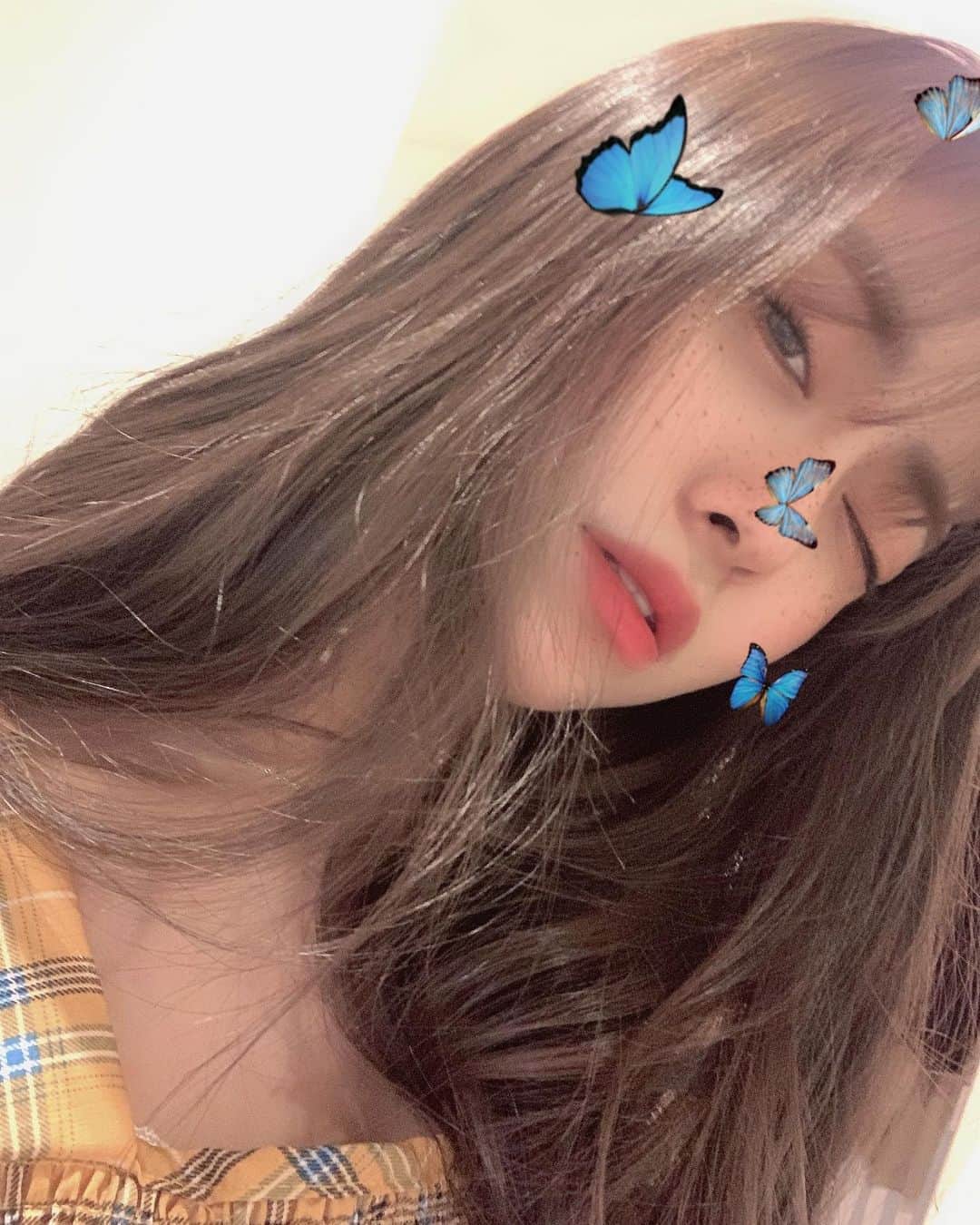 松岡美沙のインスタグラム：「🦋 . アプリの加工かわいいのたくさんあってびっくり 調子乗った顔してる😏 . いいね🦋 . . . #me #🦋🦋🦋」