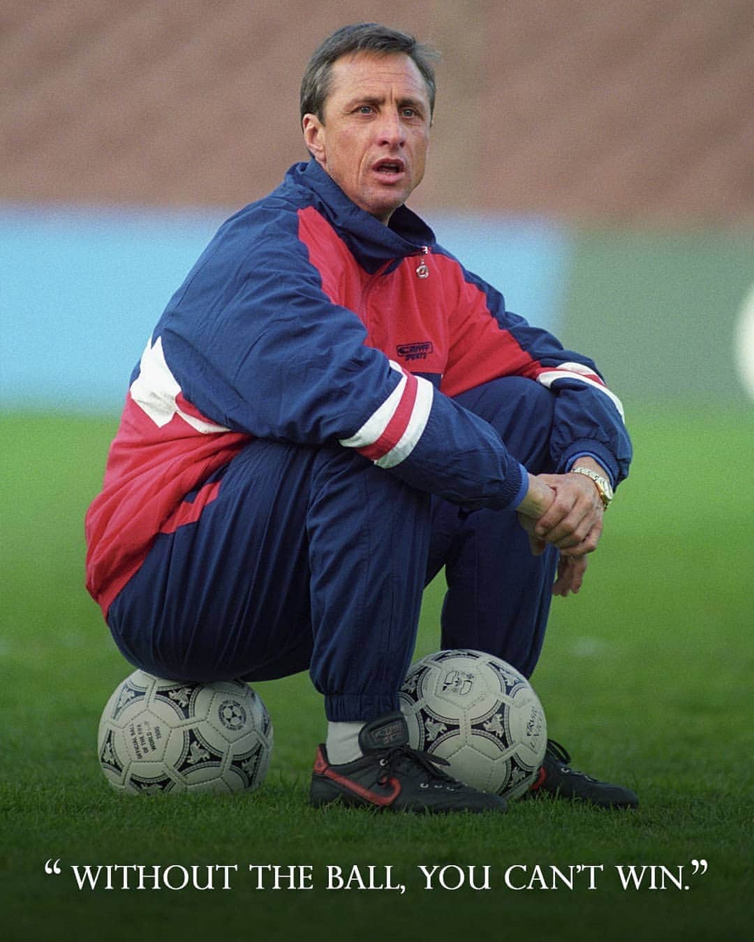 ヨハン・クライフのインスタグラム：「On the 14th of each month we share one of Johan’s famously brilliant and simple quotes. 💬 ⠀ Today's is: "Without the ball, you can't win." ⚽ ⠀ #CruyffLegacy」