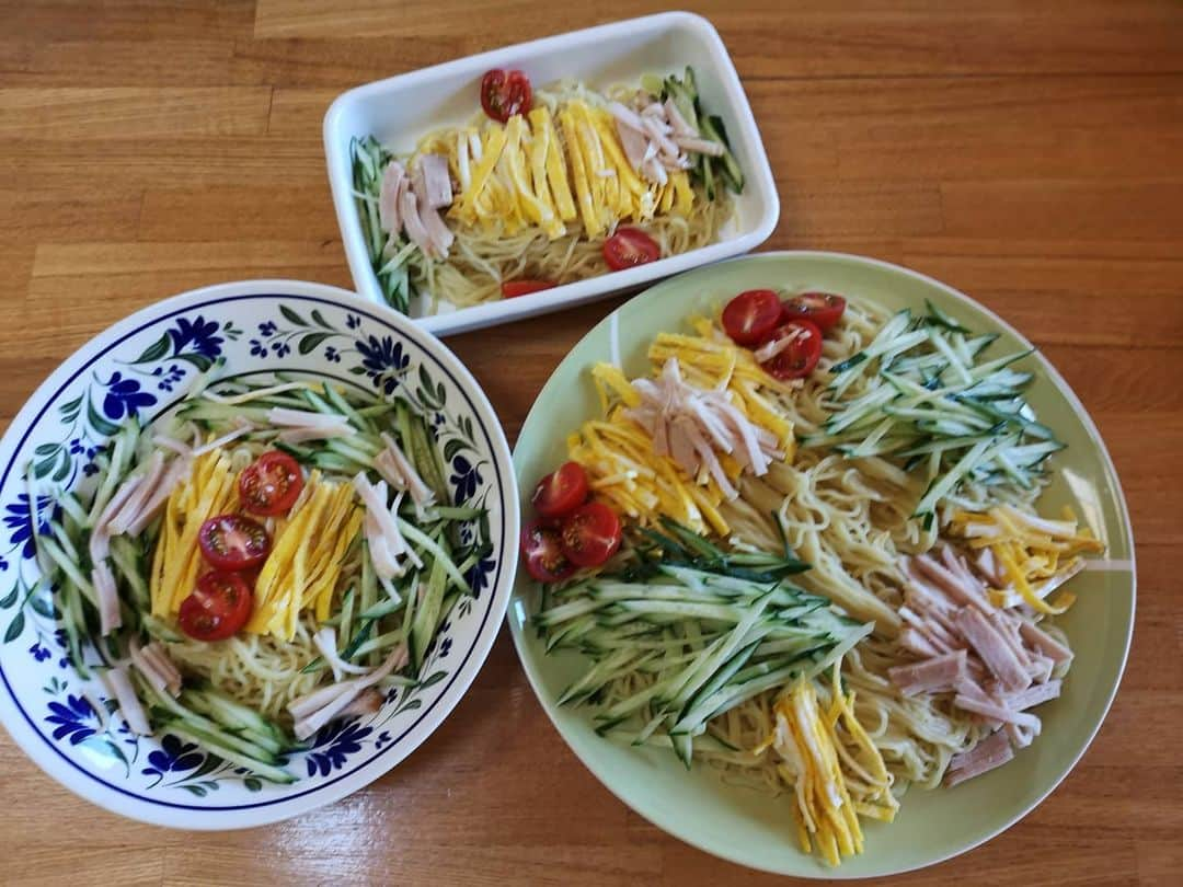 佐藤藍子のインスタグラム：「冷やし中華  始めました😌  野菜もたくさん食べれるし お酢がまた、食欲を引き出してくれるので、暑い季節になると食欲が落ちてしまう私には、救世主です👍  息子ぽっきゅん🐴は、全ての源です (はい、親★カです😅) 熱中症に、気をつけて下さいね🍀  #冷やし中華#ポニー#ドレッサージュポニー #ハフリンガー#ドレッサージュハフリンガー #馬#horse #pony #haflinger #dressagehaflinger #dressagepony #aikosato #佐藤藍子」