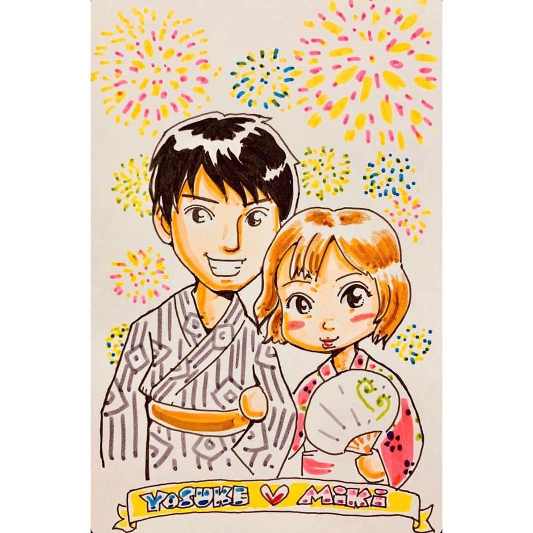 てぃーみきのインスタグラム：「絵のプレゼントを頂きました😭😭❤ わたし、花火大会に男の人と行ったことないんだけどね、(突然のカミングアウト) 今年の夏はコロナの影響もあって、ないかもしれないから、 せめて杉野くんと花火大会気分をということで、 描いてくれたらしい‪( ; ᴗ ; )‬‪( ; ᴗ ; )‬ 嬉しすぎるううううううう #幸 #杉野遥亮くん #擬似花火大会デート」