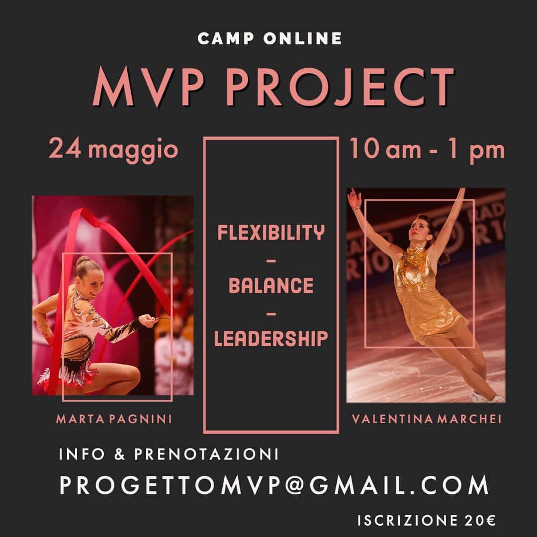 ヴァレンティーナ・マルケイのインスタグラム：「💛🧡❤️ NEWS ❤️🧡💛 Segnatevi questa data: 👉🏻24 MAGGIO 2020 👈🏻 • Ci sarà il primo Camp Online interdisciplinare tra ginnastica ritmica e pattinaggio condotto da due Olimpioniche. • 🖤Marta Pagnini, capitana delle farfalle della ritmica fino al 2016, bronzo Olimpico a Londra 2012 e • 🖤Valentina Marchei, pluricampionessa di pattinaggio, due volte alle Olimpiadi in singolo e coppia artistico.  Due sport che condividono moltissimo e che hanno tanto da dare reciprocamente. La grande capacità di sviluppare mobilità e scioltezza nella ginnastica ritmica e l’incredibile controllo che permette di effettuare rotazioni perfette nel pattinaggio sono nozioni preziose ed intercambiabili per entrambe i mondi, permettendo di arricchire il bagaglio tecnico di tutti.  Questa parte più tecnica sarà arricchita da un confronto aperto su temi delicati come la tensione pre-gara, la gestione delle responsabilità ed il metodo vincente che ha permesso ad entrambe di raggiungere i nostri obiettivi fino alle Olimpiadi (e non solo...). Non perdetevi questa occasione! Per iscrivervi e per le info dettagliate basta mandare una mail a progettomvp@gmail.com • IL CAMP: 👉🏻durata di 3 ore 👉🏻domenica 24 maggio h 10 👉🏻piattaforma ZOOM 👉🏻20€ a persona 👉🏻SOLO su registrazione (aperto a tutti i livelli ed età) 👉🏻per info e prenotazioni: progettomvp@gmail.com  Vi aspettiamo!!!!! #ginnastica #ritmica #rg #pattinaggio #valentinamarchei #martapagnini #mvp #sport #iceskating #rhythmic #onlinecamp」