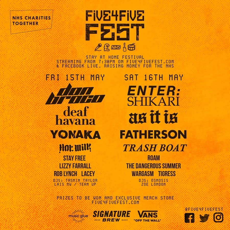 Don Brocoさんのインスタグラム写真 - (Don BrocoInstagram)「See you tomorrow @five4fivefest 🖐 And just when u thought the lineup couldn’t get any bigger Yonaka, Trash Boat, Roam, the Lynchmeister + many more absolute legends are now joining the festivities 🤯 Watch ‪from 7:30PM BST ‬at facebook.com/five4fivefest and five4fivefest.com all monies raised going to @nhscharitiestogether 💙 What songs you want us to play huh???」5月15日 4時42分 - donbroco