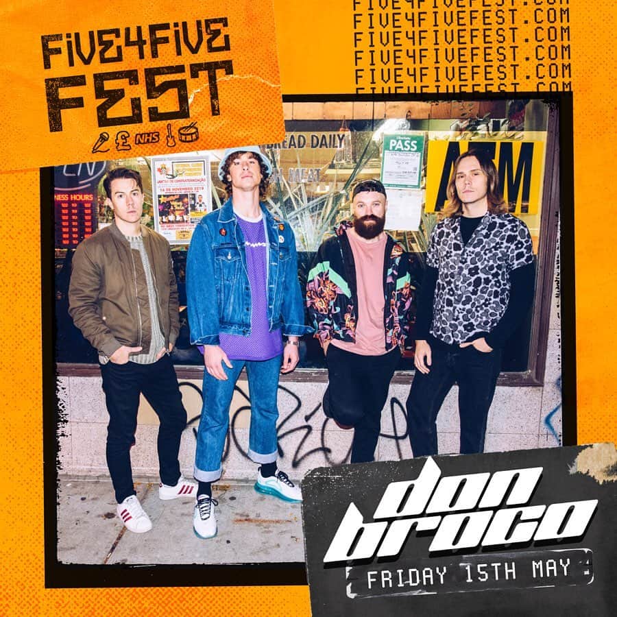 Don Brocoのインスタグラム：「See you tomorrow @five4fivefest 🖐 And just when u thought the lineup couldn’t get any bigger Yonaka, Trash Boat, Roam, the Lynchmeister + many more absolute legends are now joining the festivities 🤯 Watch ‪from 7:30PM BST ‬at facebook.com/five4fivefest and five4fivefest.com all monies raised going to @nhscharitiestogether 💙 What songs you want us to play huh???」