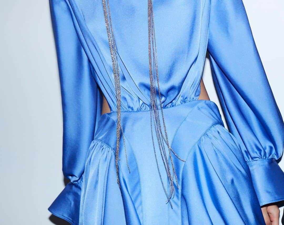 のインスタグラム：「The mugler blue light satin fluid hip dress from the Spring Summer 2020 collection available @printempscom. - - Photography @ulrichknoblauch #mugler」