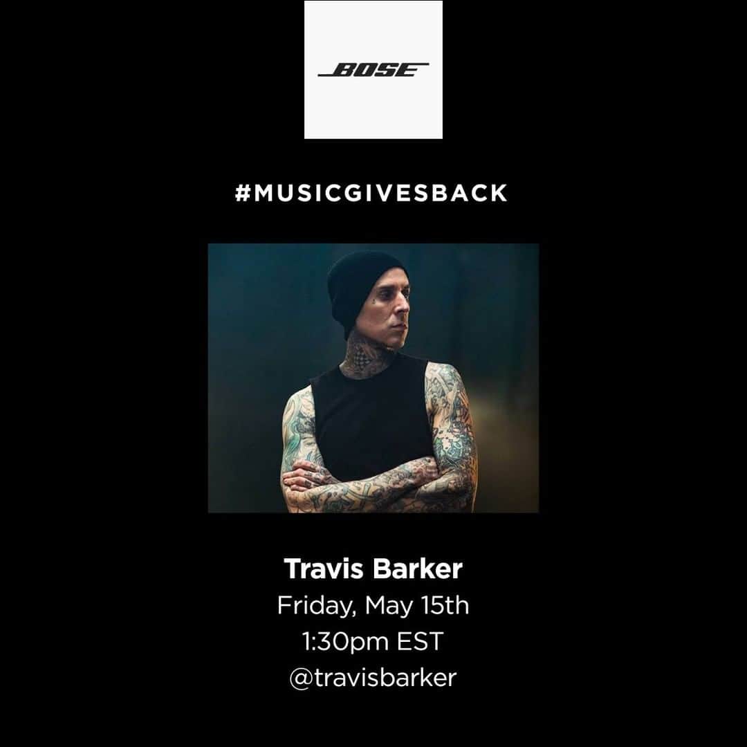 BOSEさんのインスタグラム写真 - (BOSEInstagram)「Closing out #MusicGivesBack this week, the one and only drum master @travisbarker. Come back tomorrow at 1:30pm EST for a live drum lesson while we donate to @lbnfca in his name.」5月15日 5時00分 - bose