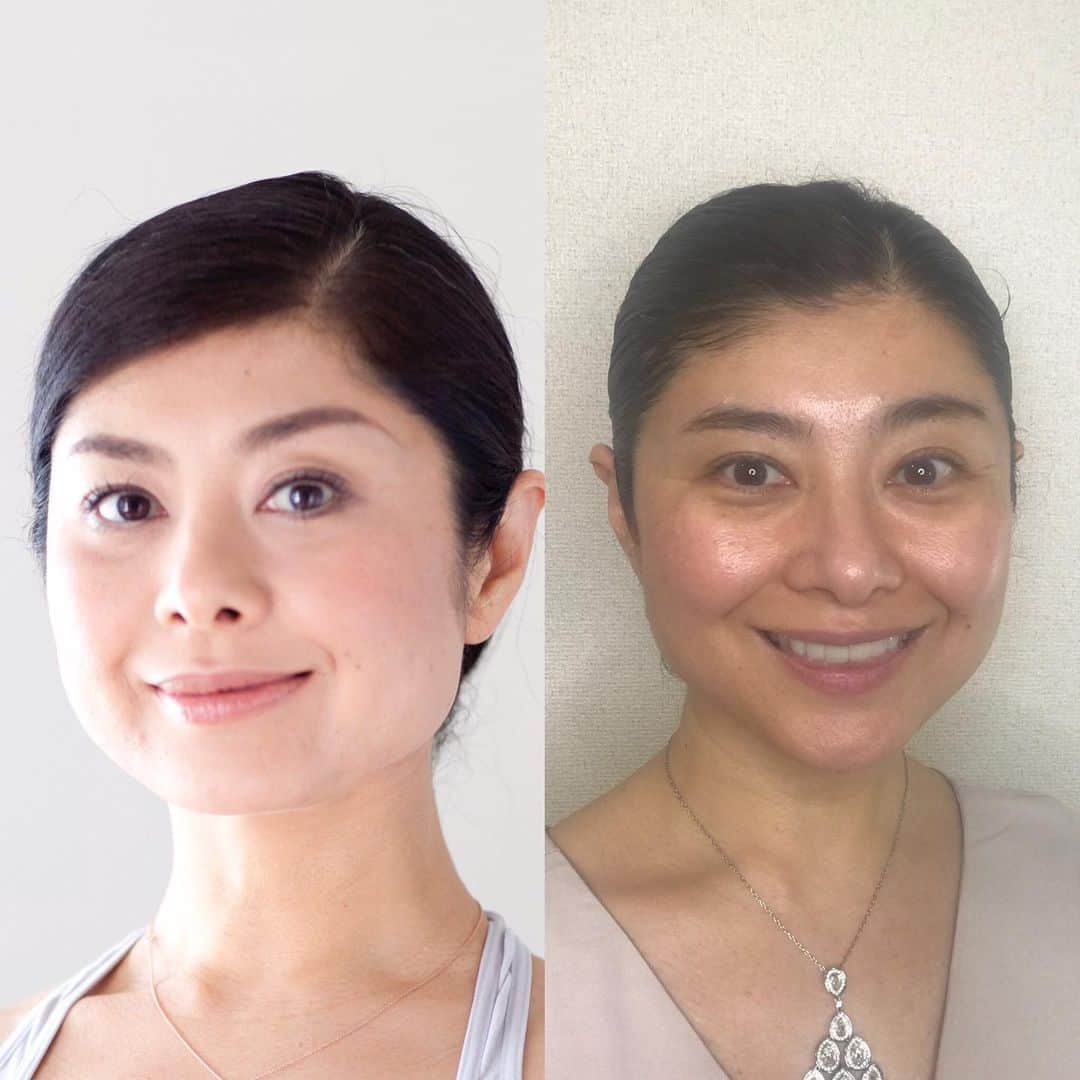 間々田佳子のインスタグラム：「みんな諦めるな〜🔥💪🔥💪🔥💪努力すれば 自力で顔は変えられる…ぞっ😘  自分の顔 嫌い… 自信がない… 好きになれない…  悩む前に 私と一緒に顔を動かしましょう！  久しぶりに自分のビフォーアフター 10年前✨ 腕の良いメイクさんに お化粧してもらって… 写真が苦手で… なんとフォローしたあげたら良いか…、、 体重今ピーク  #間々田佳子  #超入門ゼロからはじめる顔の使い方講座 #残席わずか…。5/16 10:00から #顔の動きが分かれば顔は変わる… #コアフェイストレーニング」