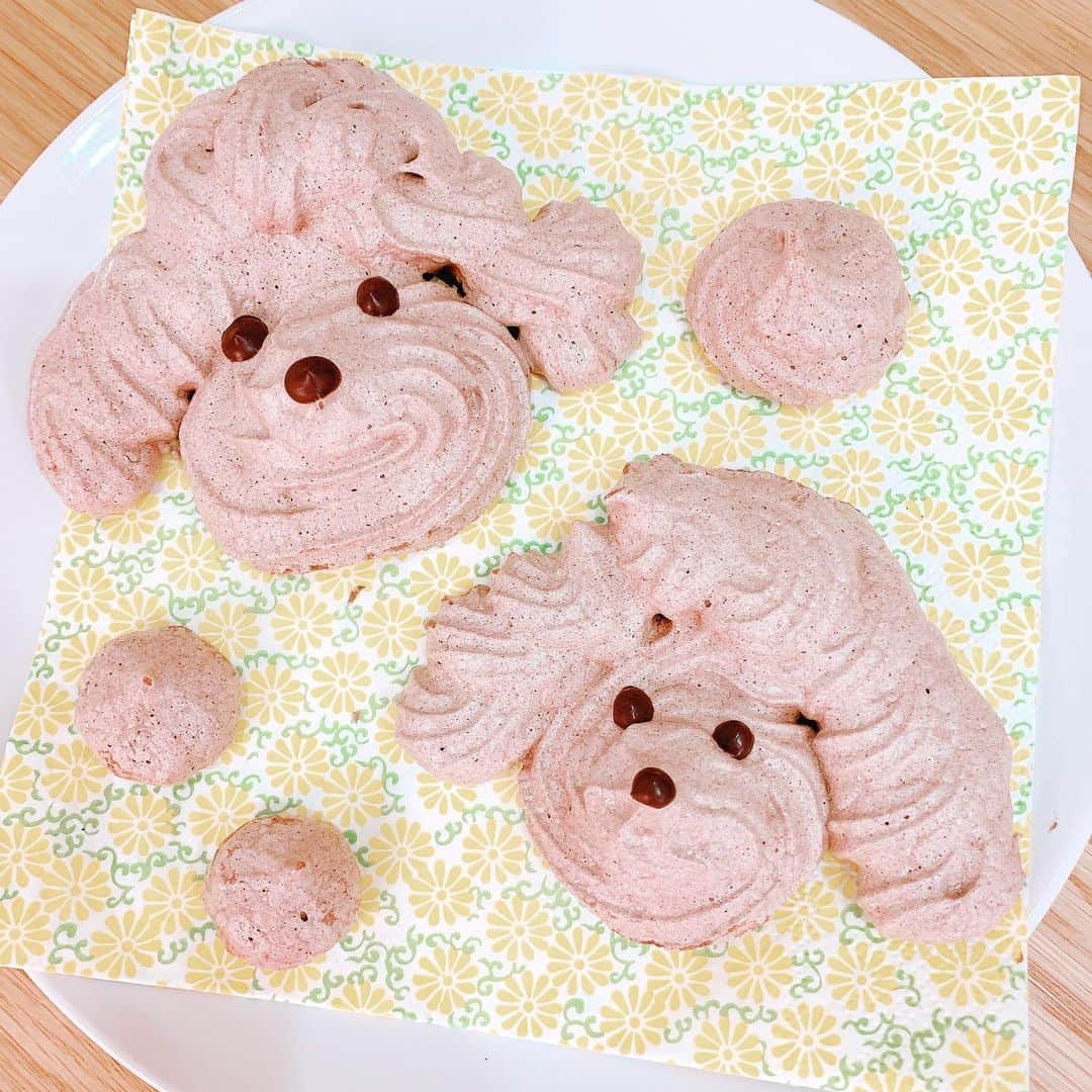 くまみきのインスタグラム：「昨日の動画で作ったもじゃクッキー🐶どう？似てる？  #わんわんメレンゲクッキー #メレンゲクッキー #プードルクッキー #おうちカフェ #おうち時間 #youtube」