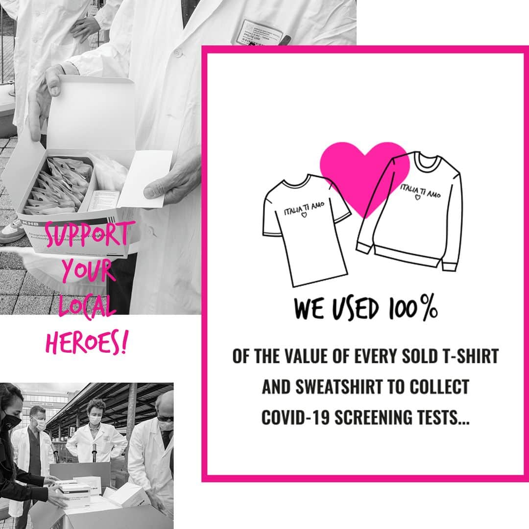 PINKOさんのインスタグラム写真 - (PINKOInstagram)「#PINKOtakecare: it all started with a T-shirt saying “Italia Ti Amo”… do you remember? We donated masks, medical equipment and beds… and with our T-shirts – and sweatshirts too! – we aimed to support our local heroes even more, by using the 100% of the value of all sold pieces to buy and distribute Covid-19 screening tests to our healthcare workers. Who could ever imagine the final total would have been so high: 7320 screening tests distributed thanks to your #PINKOActsOfLove! #PINKO」5月15日 17時34分 - pinkoofficial