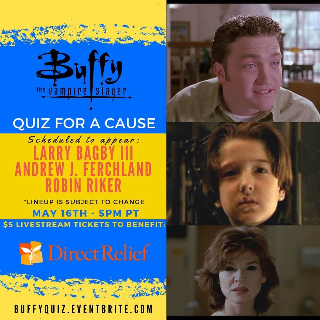 ニコラス・ブレンドンさんのインスタグラム写真 - (ニコラス・ブレンドンInstagram)「Join Quiz for a Cause - Buffy - to benefit Direct Relief this Saturday at 8PM ET/5PM PT!!!! This is not a drill! Get your tickets!!! #Repost @grrarghcast with @get_repost ・・・ Full lineup announcement! buffyquiz.eventbrite.com #buffythevampireslayer #btvs @nicholasbrendon @rebma_nosneb @jane_espenson @larrybagby @iyarilimon @realrobinriker」5月15日 10時10分 - nicholasbrendon
