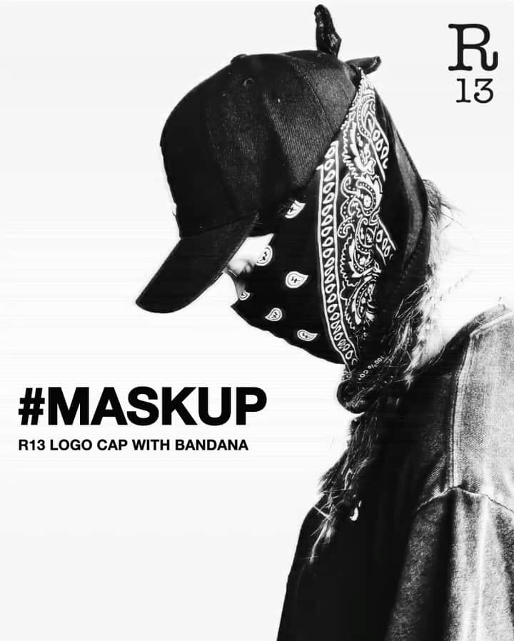 のインスタグラム：「#MASKUP | The re-engineered R13 logo cap is updated and enhanced with a bandana face mask attached that eliminates slippage even during rigorous activities. Available now at R13.COM #shopr13 #r13 #r13denim」