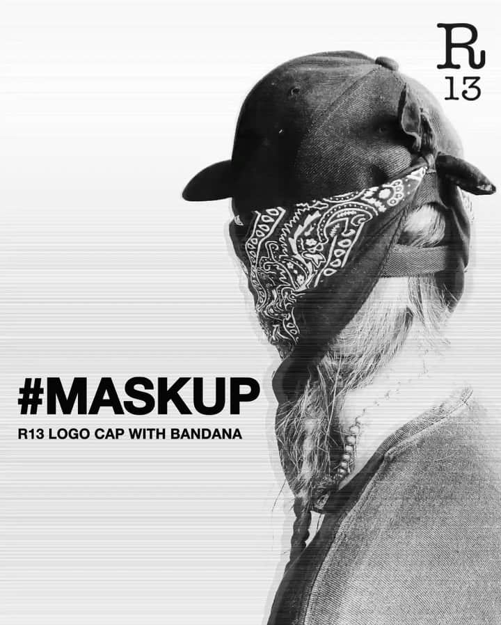 のインスタグラム：「#MASKUP | The re-engineered R13 logo cap is updated and enhanced with a bandana face mask attached that eliminates slippage even during rigorous activities. Available now at R13.COM #shopr13 #r13 #r13denim」