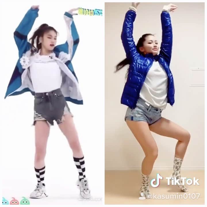 清水香澄のインスタグラム：「.﻿ ITZY/wannabe﻿ ﻿ ノースのライトダウンはとっても軽くて動きやすいよ♪﻿ 着て踊ると汗が滝のように出ます♡笑﻿ ﻿ #ITZYファンの皆さんごめんなさい#ご本人と並ばせていただきました#ポイントは髪の動き#靴下はバナナ柄﻿ ﻿ #ITZY#wannabe#dance#thenorthface#twice#kpop#diet#training#完コピ#踊ってみた#tiktok」