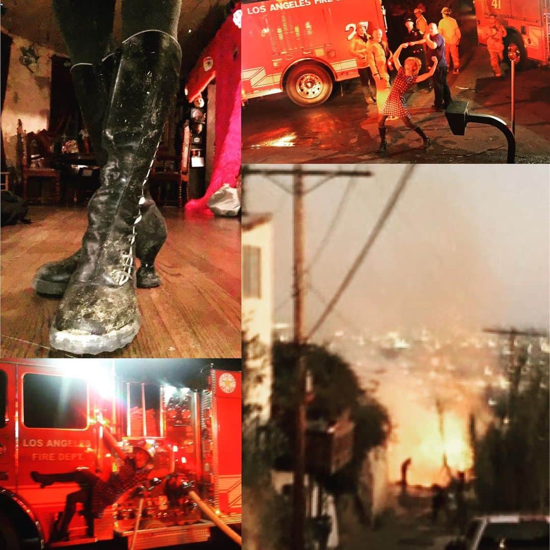 ボニー・モーガンのインスタグラム：「This #fbf is also #fluevogday !Remembering that crazy day Dad and I held back a wild brush fire on a Laurel Cyn hillside til the brave firefighters arrived to finish the job! Firefighting in Fluevogs!! Gratitude to @fluevog for the boots that were up to the task! And to the spectacular men of @losangelesfiredepartment firehouses 27, 41, and 97 #adventuresofbonanddad #lafd #epicawesomeness ##stuntdept gettinhotout #firefightinginfluevogs #itsrainingmen #hallejuah #fluevogs #firesafety #singed #fightingfire #bendybonnie」