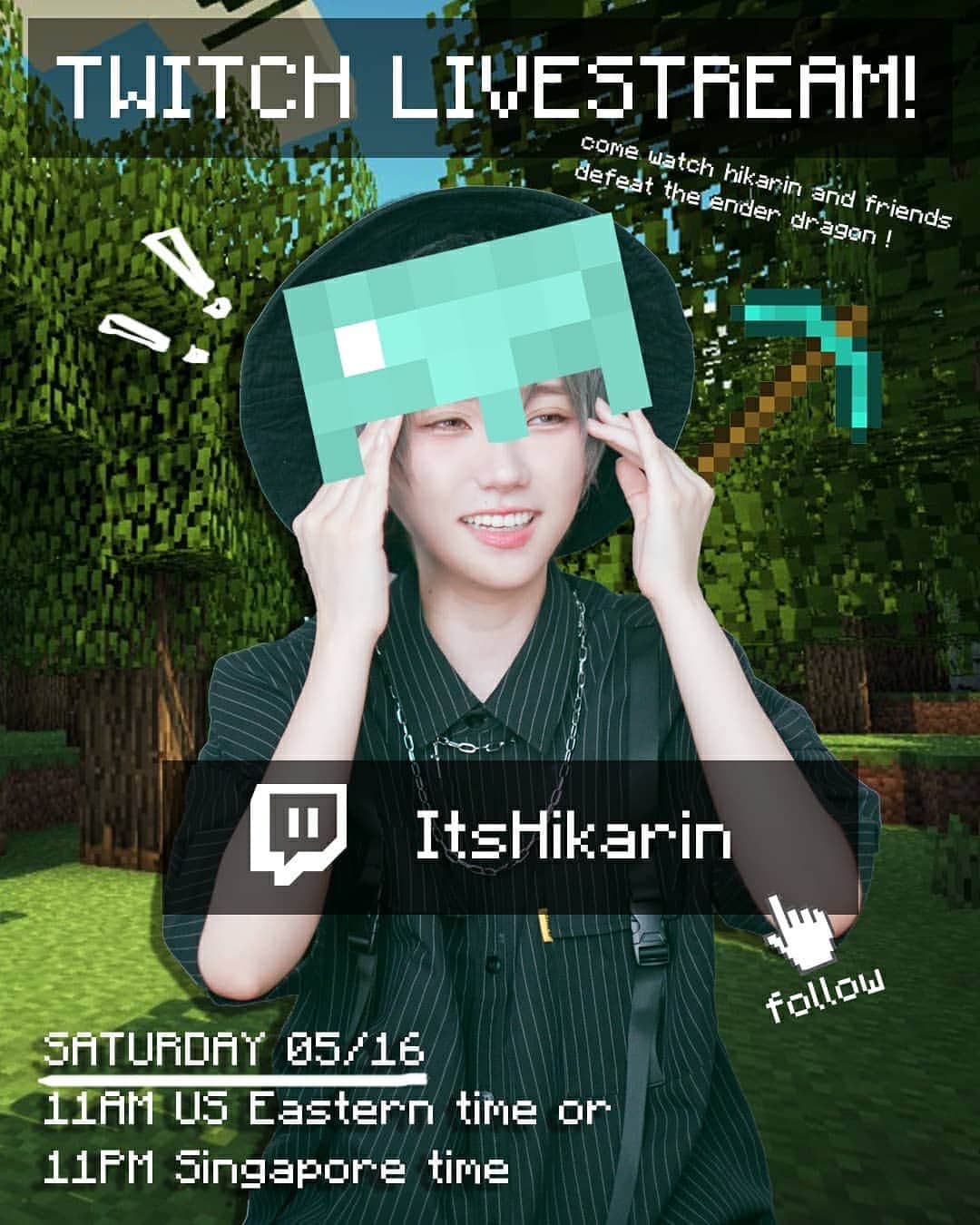 ひかりんのインスタグラム：「MY FIRST TWITCH STREAM! come be a part of the fun tomorrow at 11AM US eastern time ( 11PM Singapore time) as we defeat the Ender dragon in Minecraft 🔥 make sure you follow on Twitch [ ItsHikarin ] to not miss it 😊 I'm super super excited to see you guys in the chat and have a great time together ~ #twitch #minecraft」