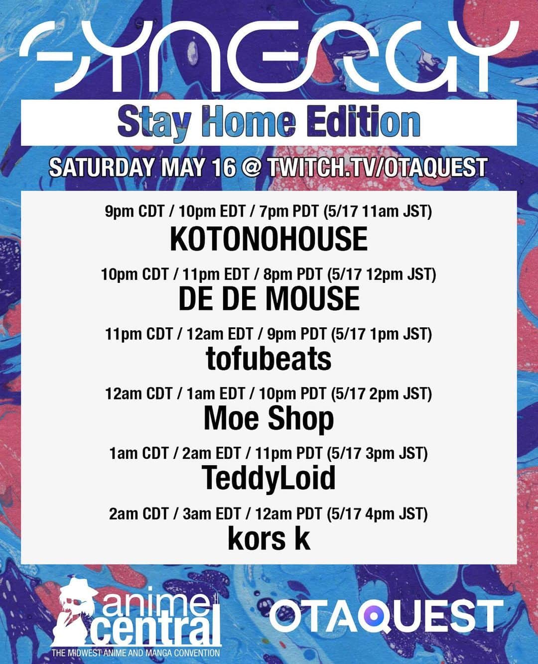 DE DE MOUSEのインスタグラム：「I will be performing on May 16th for #OTAQUEST Synergy Stay Home Edition!! (However, in Japan it is 17th)  アメリカ時間での明日の夜にANIME CENTRALのOTAQUEST Synergyにオンラインで出演！ 日本時間では17日のお昼12時くらいからのプレイ！ 最後にすごい演出するから観てね！  https://www.otaquest.com/synergy-stay-home-edition-presented-by-anime-central-otaquest/  #dédémouse #dedemouse #デデマウス #電電鼠」