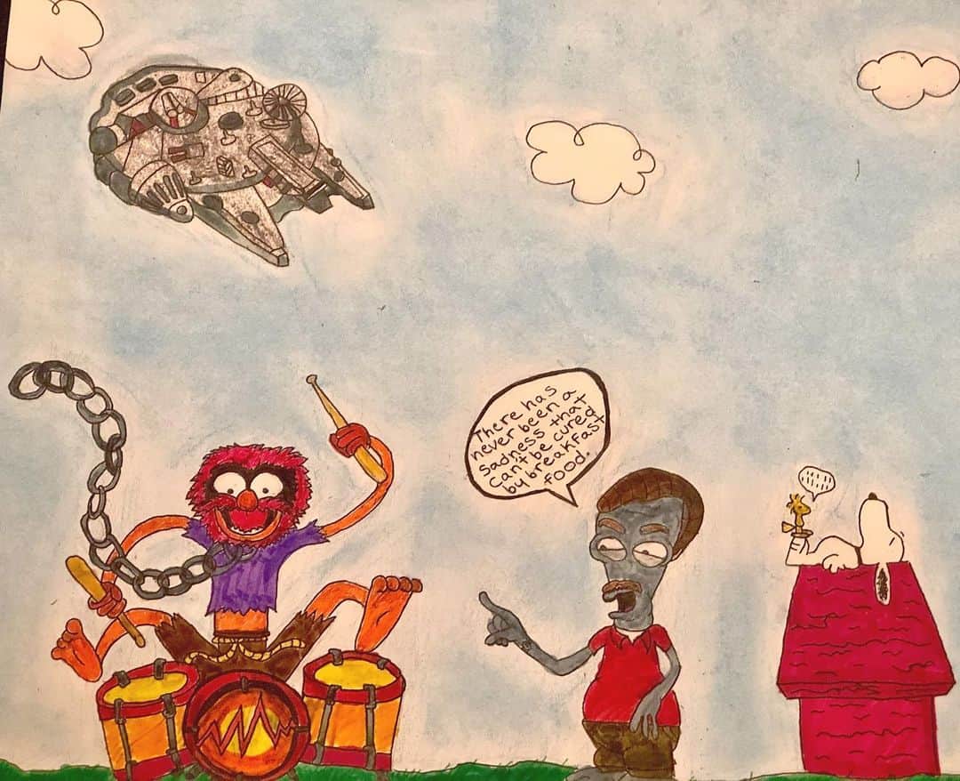 ブレッキン・メイヤーのインスタグラム：「My oldest @kiki.willow gets me! For my bday she made me this magical drawing with all my favorites! The Falcon, Animal, Roger from American Dad AS Ron Swanson (our family has some fierce @nickofferman love) and Woodstock (w/ that dog he hangs with). Was so excited had to share. Okay, back to hand washing and shoe gazing. #ProudPop #GirlDad」