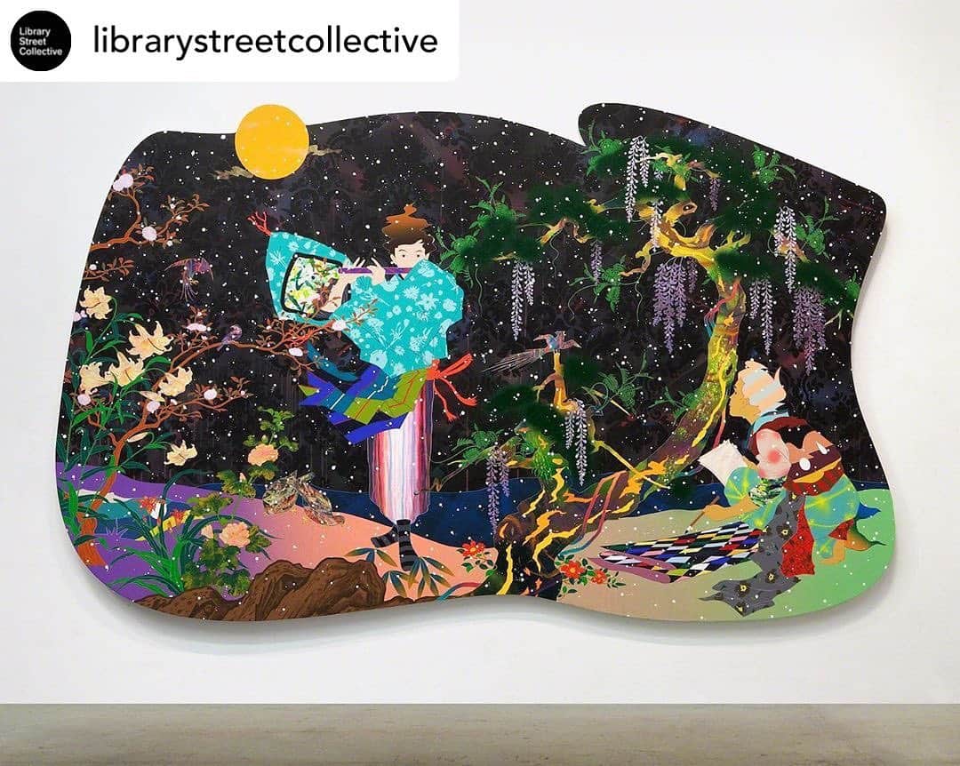 松山智一のインスタグラム：「#Repost @librarystreetcollective #TomokazuMatsuyama’s work responds to his own bi-cultural experience of growing up between Japan and America by bringing together aspects of both Eastern and Western aesthetic systems. His practice repositions traditional icons within a broader global context in order to create a distinctive style that resists cultural categorization and embodies what the artist refers to as the “struggle of reckoning the familiar local with the familiar global.” By raising questions of national and individual identity through the formal qualities and subject matter of his paintings, Matsuyama examines the “natural chaos” of our social environments and challenges viewers to confront their own conceptions of cultural homogeneity.⁠⠀ ⁠⠀ Look for Matsuyama’s work in an upcoming exhibition with Library Street Collective.⁠⠀ ⁠⠀ @TomokazuMatsuyama #LibraryStreetCollective⁠⠀ Pictured: Tomokazu Matsuyama’s ‘Go Where Clear’ (2015), included in ‘Oh Magic Night’ at @hocafoundation, March 19 – April 9, 2017.」