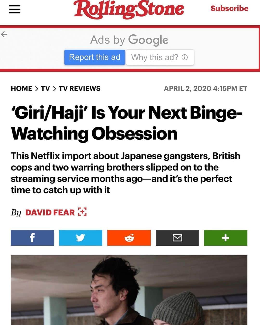 窪塚洋介のインスタグラム：「RollingStone and THE RINGER recommended "Giri/Haji"(Netflix).」