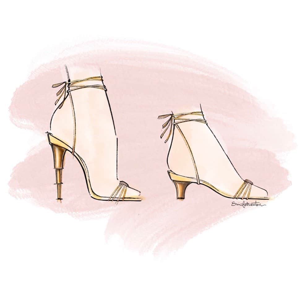 エリン フェザーストンのインスタグラム：「My friends at @jimmychoo are running a fun creative competition open to anyone! Submit your fantasy shoe sketch and they will select 10 winning designs to produce! Here is my dream shoe- a high-to-low telescoping heel! I’ve personally tried to invent this so many times- maybe they can pull it off! #choosketch」