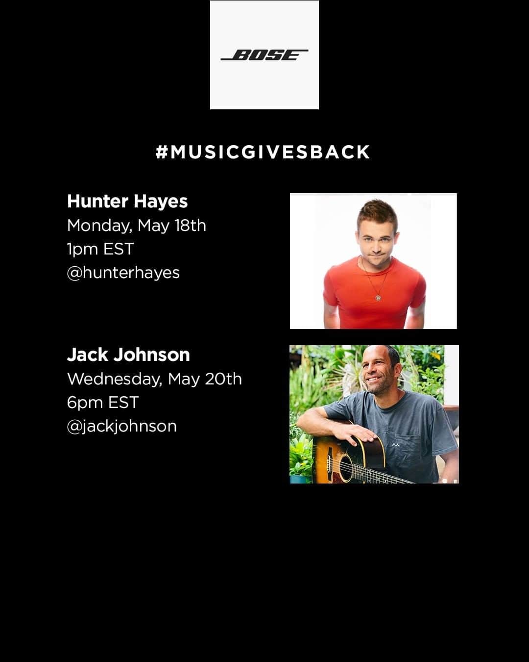 BOSEさんのインスタグラム写真 - (BOSEInstagram)「It’s the final week of our #MusicGivesBack initiative! Don’t miss @hunterhayes and @jackjohnson take it home while we donate to charities of their choosing. And don’t worry, we’ll still be featuring more live lessons moving forward. Stay tuned for more details!」5月16日 22時00分 - bose