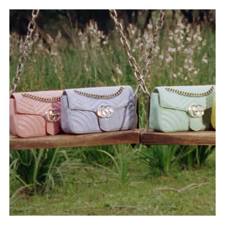 のインスタグラム：「A pastel-hued lineup of #GGMarmont handbags, part of the new #TowardsTheSun #GucciPreFall20 collection. Discover more through link in bio. @alessandro_michele #AlessandroMichele」