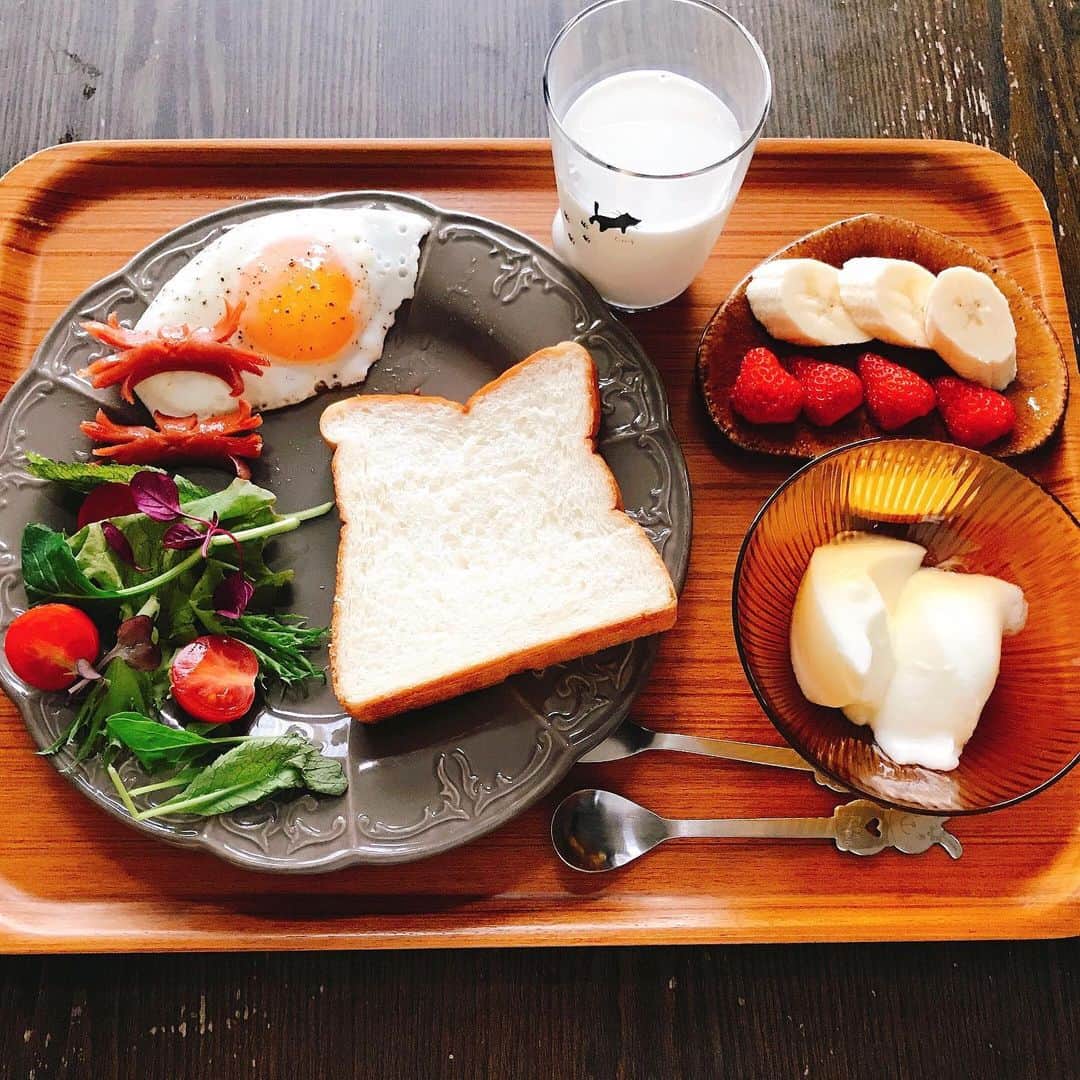 太田雫さんのインスタグラム写真 - (太田雫Instagram)「今日の朝ご飯 ・食パン🍞 ・サラダ ・目玉焼き ・カニさんウィンナー ・ヨーグルト ・果物 ・牛乳 でした✨ ・ 新しく出来た食パン屋さんのパンで何もつけなくてもとっても美味しかったです！ ・ ・ #ニコラ#太田雫 #朝ごはん#食パン#サラダ#目玉焼き#カニさんウインナー#ヨーグルト#果物#牛乳#enjoyhome」5月16日 17時39分 - _shizukuota