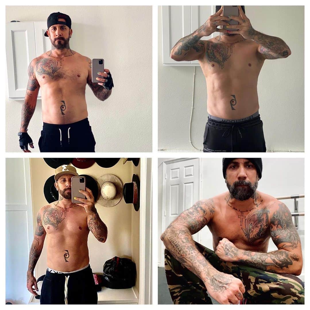 A.J.のインスタグラム：「Decided to finally take my health seriously and get in the best shape of my life during quarantine time. Top left is from day one of quarantine and the bottom right is from yesterday. Happy Saturday everyone and stay safe and healthy!」