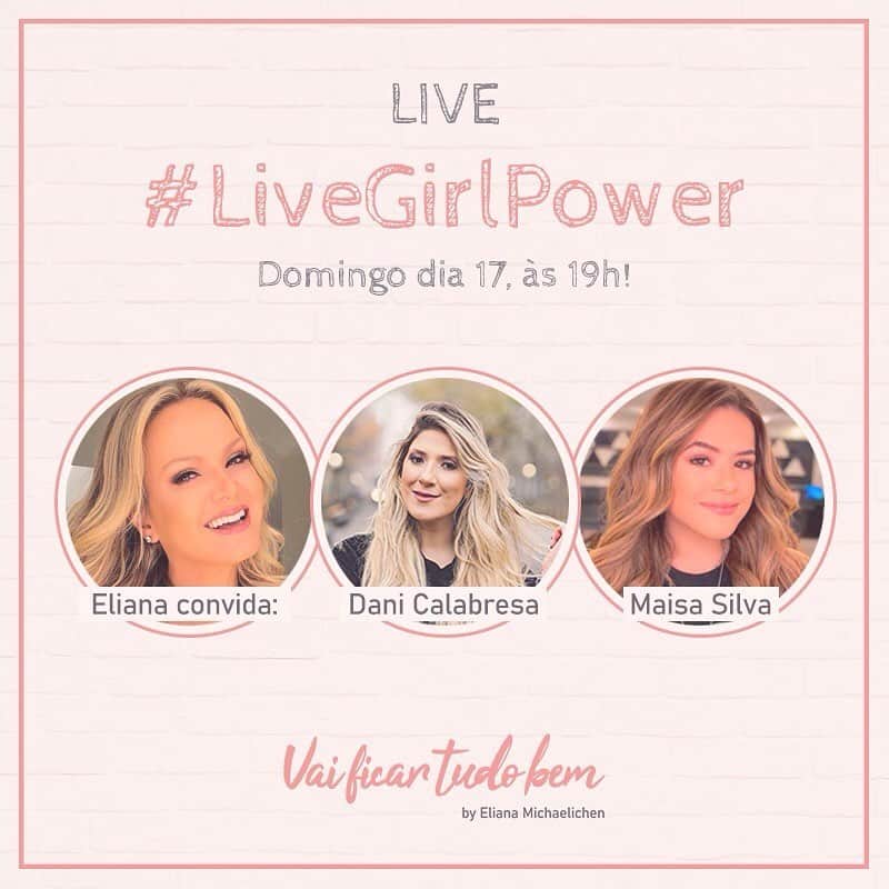 Eliana Michaelichin Bezerraのインスタグラム：「Amanhã depois do nosso programa temos um encontro ao vivo com minhas convidadas super poderosas, @maisa e @calabresadani. Vai ser power!!!! Live, aqui no IG, às 19h. #maisa #danicalabresa #live #powergirl #girlpower #elianaemcasa #vaificartudobem」