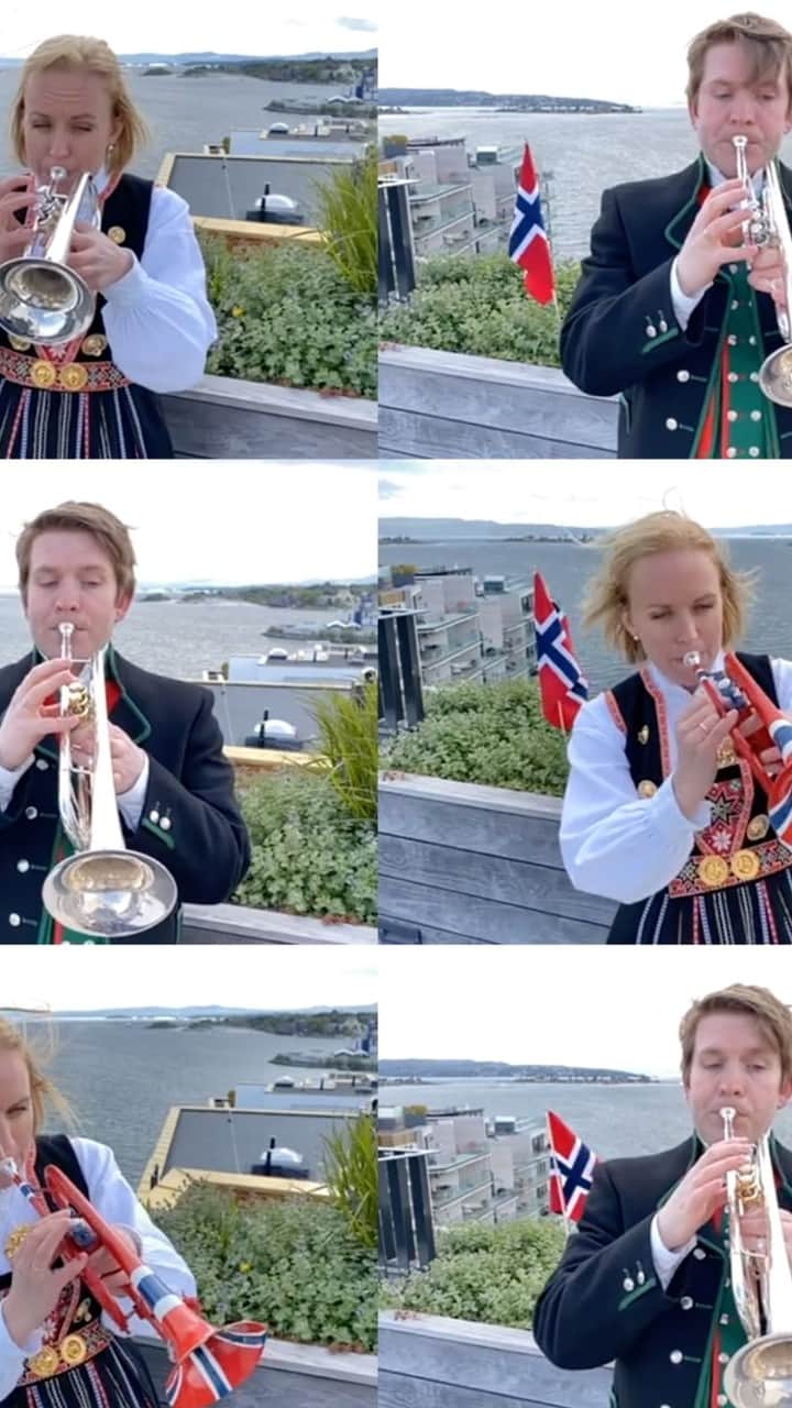 ティーネ・ティング・ヘルセットのインスタグラム：「To celebrate this special day, my husband and I have put together this little video of us playing my favourite Norwegian march: Kong Haakon den VIIdes Honnørmarsj!  We had a lot of fun making it - hope you guys have fun watching it. 12 trumpets, what could be better !?! #17mai #gratulerermeddagen #happynorwayday」