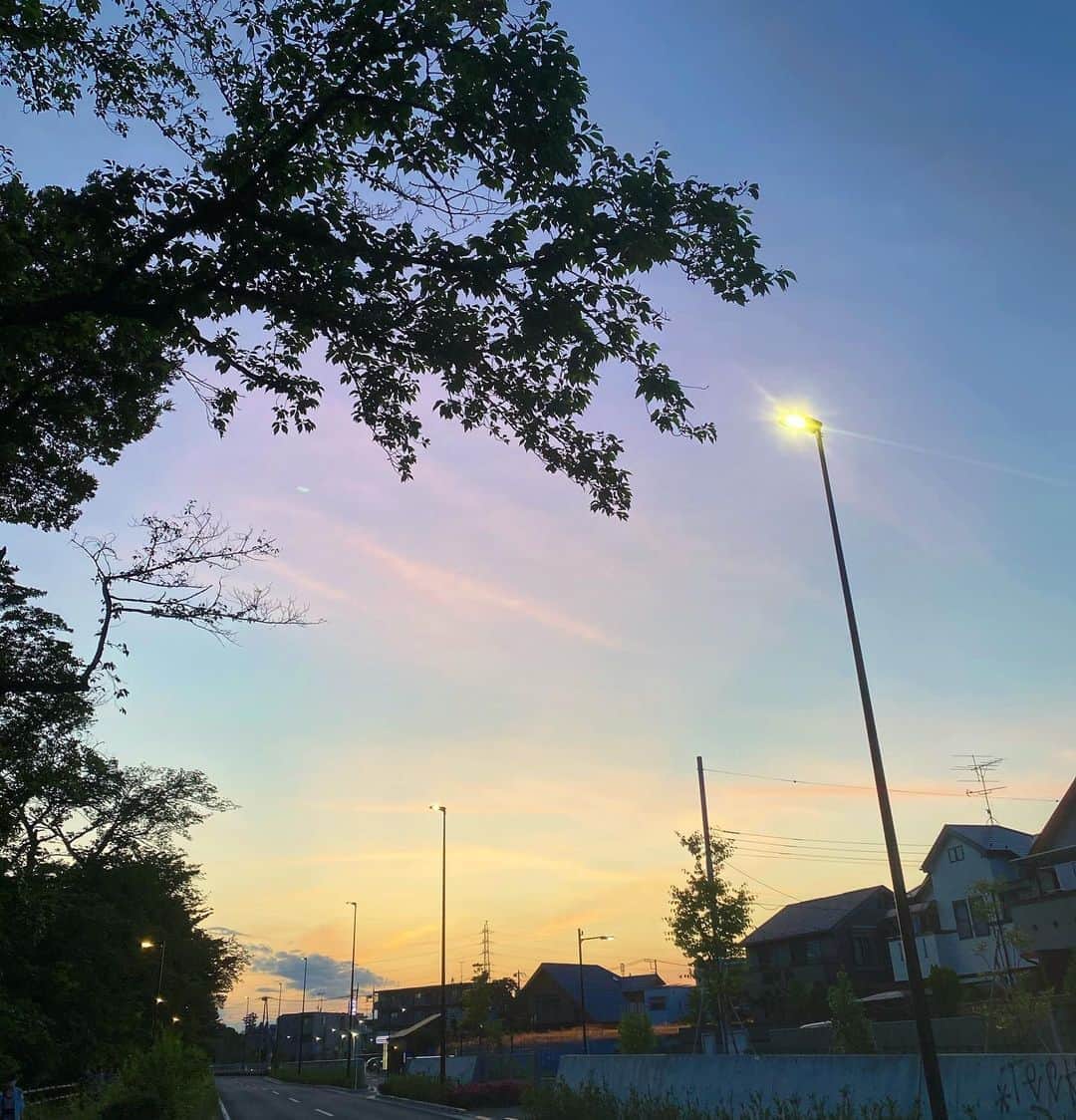井元麻帆のインスタグラム：「不思議な色の夕暮れ🍃🌥 朝からヒバの水で床を拭き上げて、ストレッチして、17kmくらい歩いて、帰宅後美味しいお酒をグビっ。個人的には上出来のいちにち。☺️ #nofilterneeded」