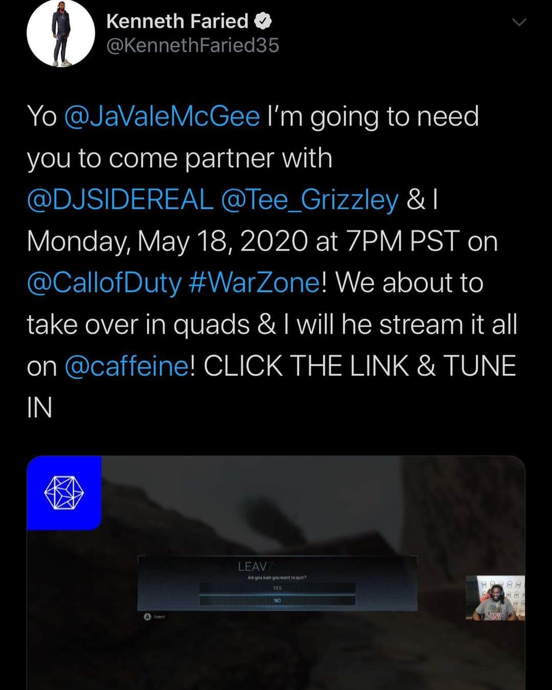 ケネス・フェリードのインスタグラム：「ITS GOING DOWN TOMORROW WITH @javalemcgee @djsidereal & @tee_grizzley AS WE PLAY @callofduty #warfare & YOU CAN WATCH IT LIVE AT 10pm EST/7pm PST ON MY @caffeine PAGE JUST DOWNLOAD THE APP! https://www.caffeine.tv/KennethFaried35 CANT WAIT TO SEE YOU ALL THERE!」