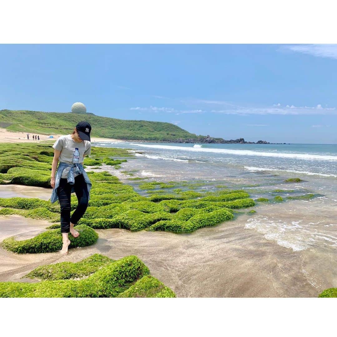 煌月爽矢のインスタグラム：「.﻿ .﻿ 3.4.5枚目、ディスカバリーチャンネルみたい！！﻿ ﻿ ﻿ ﻿ ﻿ ここは台湾の最北端にある#老梅綠石槽　という海岸だよ(*´ｪ｀*)﻿ ﻿ 4月からこの時期にかけて、緑の藻が海岸を覆い尽くしていて他では見られない景色が見られます♩﻿ ﻿ ﻿ 日本ではここ最近、海に行くといえば船の上での釣りだったから…﻿ 久しぶりの波打ち際も気持ちいいなー。﻿ ﻿ ﻿ #台湾﻿ #台湾生活﻿ #ずーっとお気に入りの #エビアン  #Tシャツ ﻿ 我的朋友帶我去老梅綠石槽♡﻿ 那邊的風景很特別！！！﻿ 我聽說本來那天來颱風﻿ 可是！沒想到颱風消失了😂﻿ 所以我們看得到又大又漂亮的彩虹☺️👍﻿ 很幸運👍」