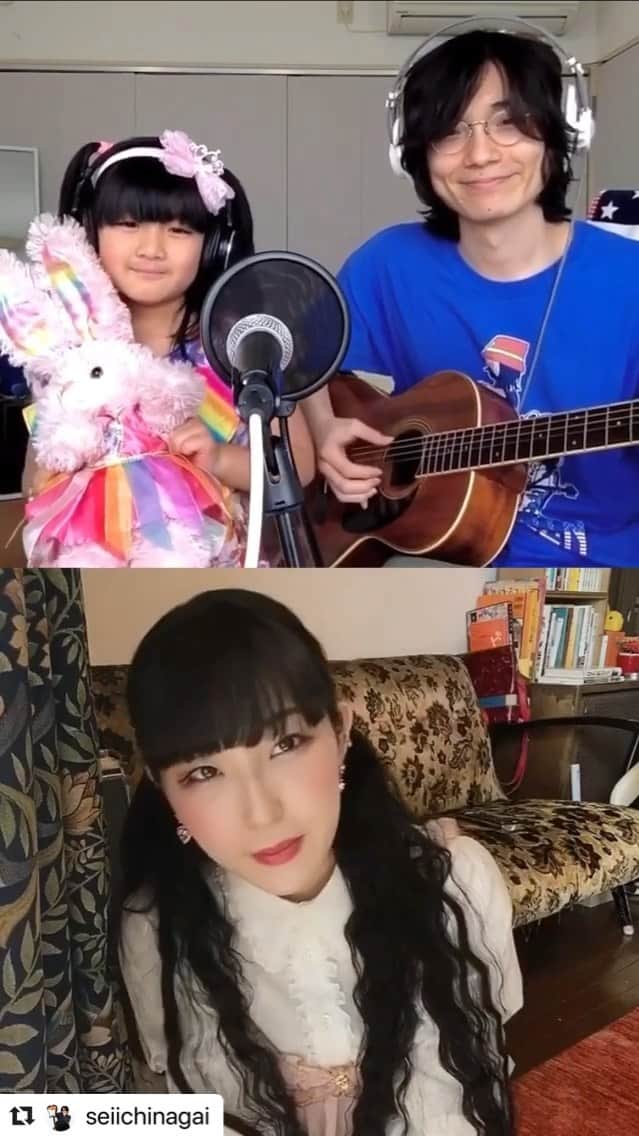 山口尚美のインスタグラム：「まさかの聖一×DAOKOちゃん最高だし はるみよく頑張りましたなので是非見てね😂🎀🐰🎸🦋💕 #Repost @seiichinagai with @make_repost ・・・ Thank you @daoko_official !﻿ 自粛期間中のある日、子供達にそれぞれ曲をプレゼントしたところ、はるみに「モモ姫の分も作って！」と言われ「？」に…。﻿ そうか、君が肌身離さず連れ回しているウサギのぬいぐるみは、モモっていう女の子だったね。それなら…﻿ 「DAOKOちゃん、モモ役、お願いしてもいい？」﻿ 二つ返事で引き受けてくれて本当にありがとう。おかげでとっても素敵な歌になりました🐰﻿」