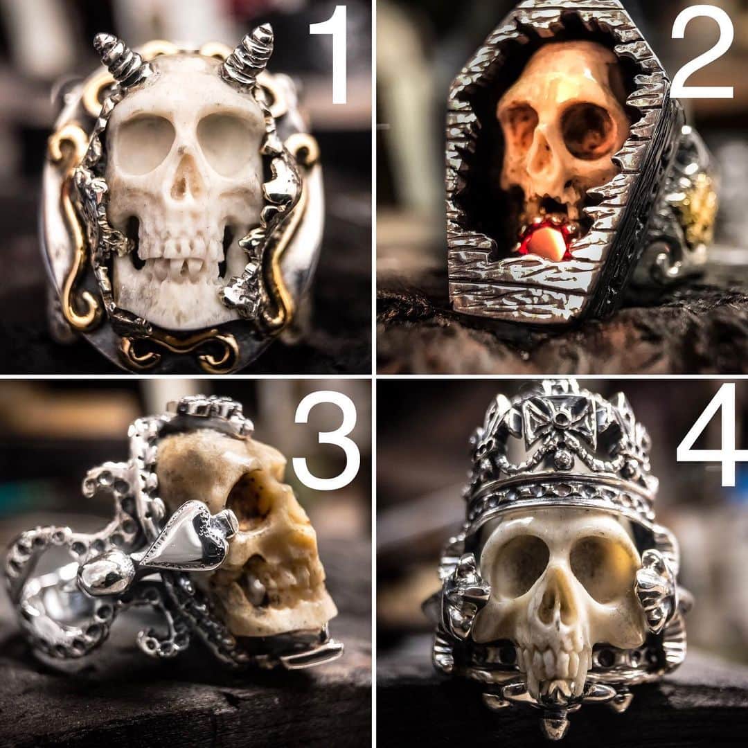 クレイジーピッグさんのインスタグラム写真 - (クレイジーピッグInstagram)「VOTE in the comments 👇 One of a kind Bone Skull Rings 👏 #skull #bone #vote #gothic #medieval #coffin #crown #heavymetal #rocknroll #silver #gold #catwalk #fashion」5月18日 21時37分 - crazypigdesignslondon