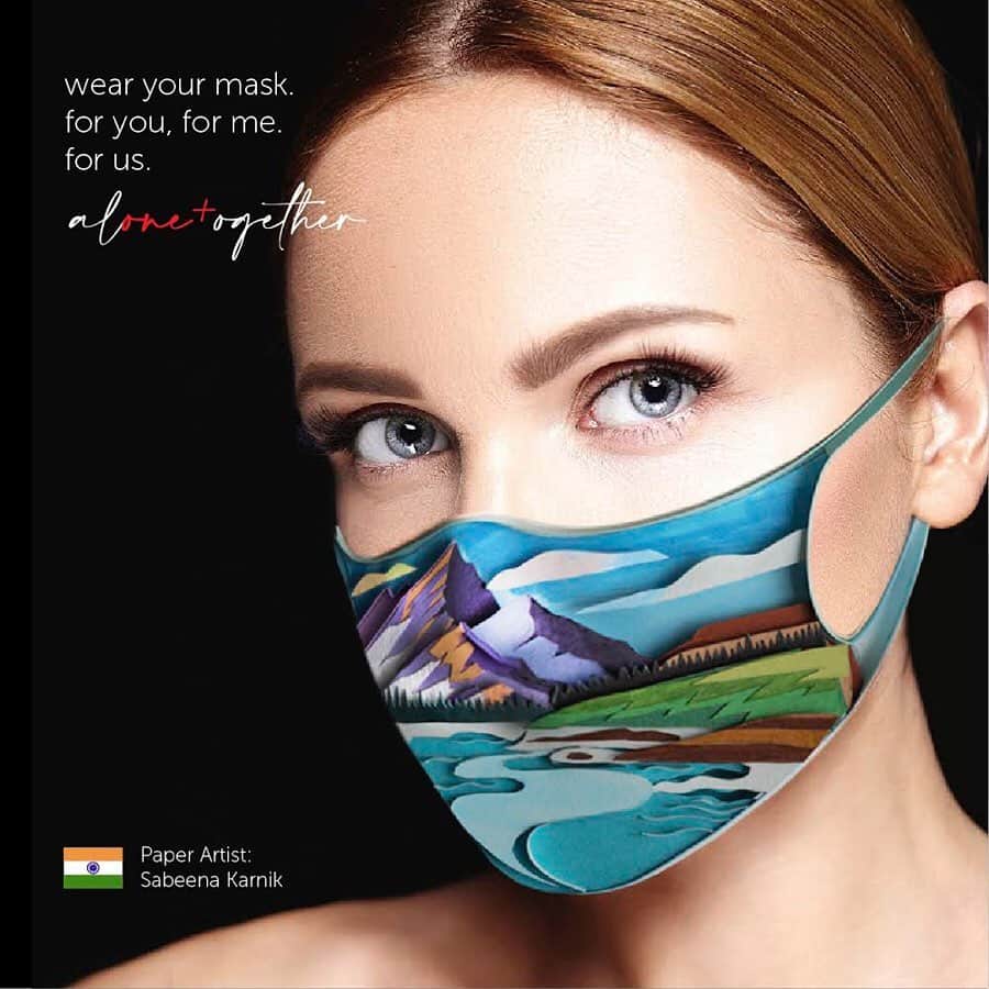 のインスタグラム：「My mask created in collaboration with @jivvas  Saving us, Saving Earth Alone together _ Alone together is a creative collaboration with @jivvas and artists/typographers/designers from around the world to help spread positivity and togetherness during #covid19 outbreak. Let’s stand together and contribute. _ Please wear a mask before stepping out. I do this always. Let’s think of it as our small way to save humanity and the world. One day after all this blows over, we will breathe freely, you can visit that beautiful place that you always wanted to go to and cherish the beauty of this Earth.」